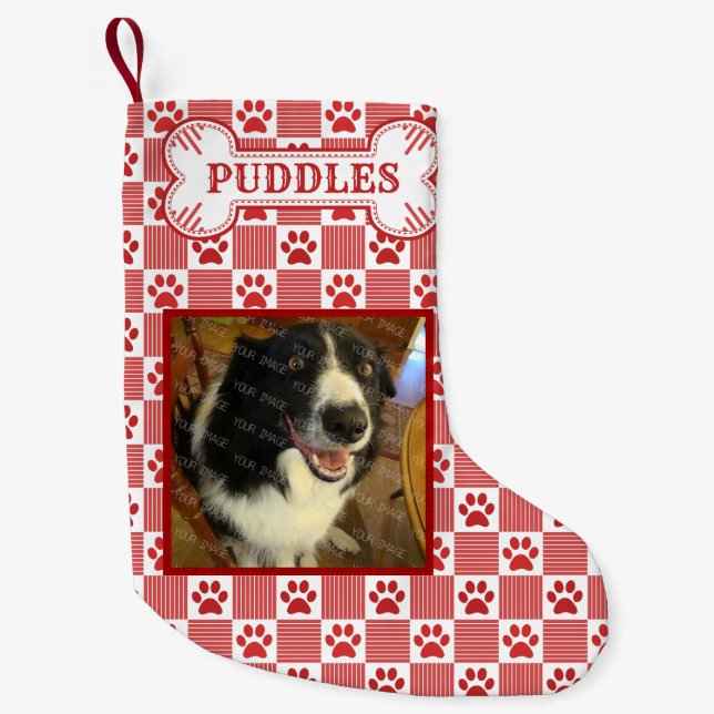 Dog Photo Name | Red Paw Print Gingham Bone Custom Small Christmas Stocking (Front)