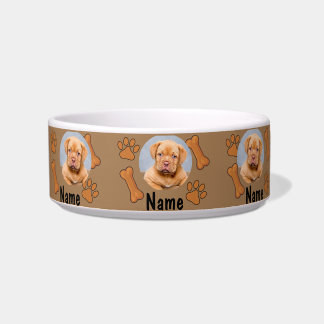 Dog Photo & Name, with Bones & Paw Prints on Brown Bowl