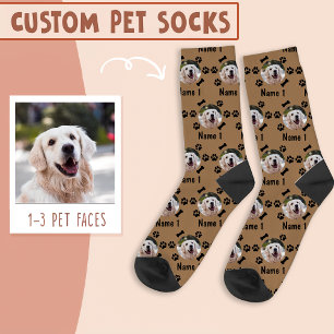 Dog Photo & Name, with Bones & Paw Prints on Brown Socks