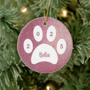 Dog Photo Name Year White Paw Print Rose Gold Ceramic Tree Decoration