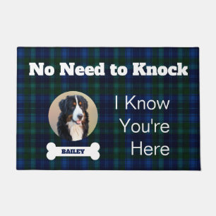Dog Photo Navy Blue Tartan Plaid No Need To Knock Doormat