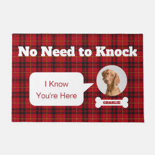 Dog Photo No Need To Knock Red Tartan Plaid Doormat