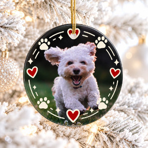 Dog Photo Paw Print Red Heart Christmas Ceramic Tree Decoration