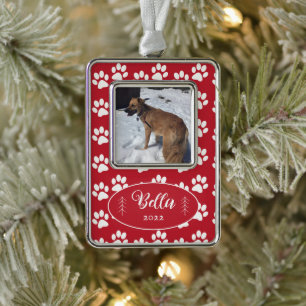 Dog Photo Paw Prints Pattern Red Framed Ornament