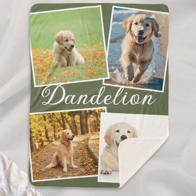 Dog Photo Pet Collage Olive Green Personalized Sherpa Blanket (An olive green sherpa blanket, with four custom pet photos, and pet's name in script typography)