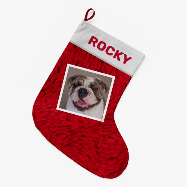 Dog Photo Pet Name Bulldog Puppy Large Christmas Stocking (Front (Hanging))