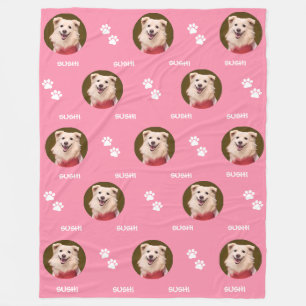 Dog Photo Pet Name Paw Prints Pink Fleece Blanket