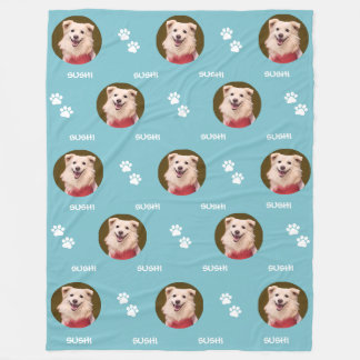 Dog Photo Pet Name Paws Teal Blue Fleece Blanket