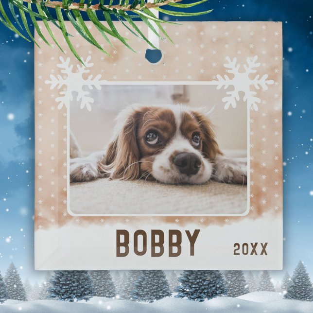 Dog Photo Pet Name Snowflake Watercolor Christmas Glass Tree Decoration (Creator Uploaded)