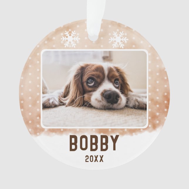 Dog Photo Pet Name Snowflake Watercolor Christmas Ornament (Front)