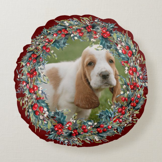 Dog Photo Pet's Christmas cute  Xmas wreath custom Round Cushion (Front)