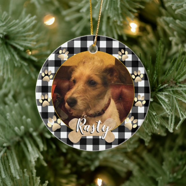  Dog photo, Puppy, bone, paws, white buffalo Plaid Ceramic Tree Decoration (Tree)