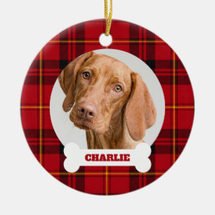 Dog Photo Red Tartan Plaid Custom Name on Bone Pet Ceramic Tree Decoration