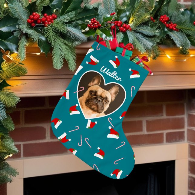 Dog Photo Santa Hat Pattern Pet Christmas Stocking (This christmas stocking is begging to be filled with all the good stuff. No coal allowed!)