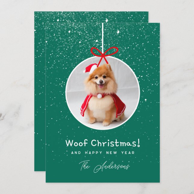 Dog Photo Snow Green Woof  Christmas  Holiday Card (Front/Back)