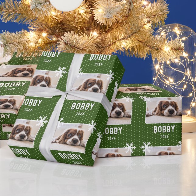 Dog Photo Snowflakes Green Pet Name Christmas Wrapping Paper (Holidays)