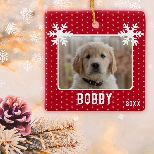 Dog Photo Snowflakes Red Pet Name Christmas  Ceramic Ornament (Creator Uploaded)