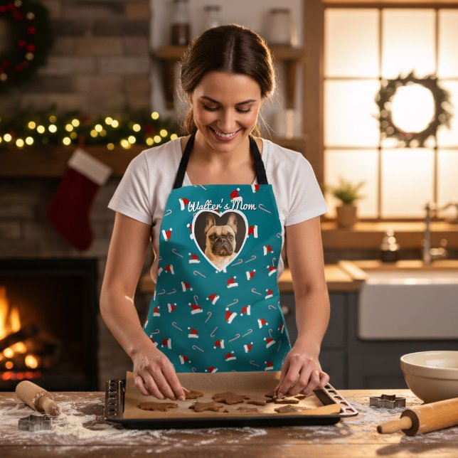 Dog Photo Teal Santa Hat Pattern Christmas Apron (Fun and festive teal apron that you can add your best friend's photo and name to (or your own) )