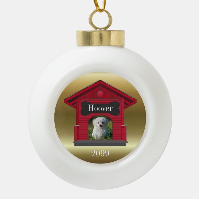Dog Photo Upload Dog House w Bone Christmas  Ceram Ceramic Ball Christmas Ornament (Front)