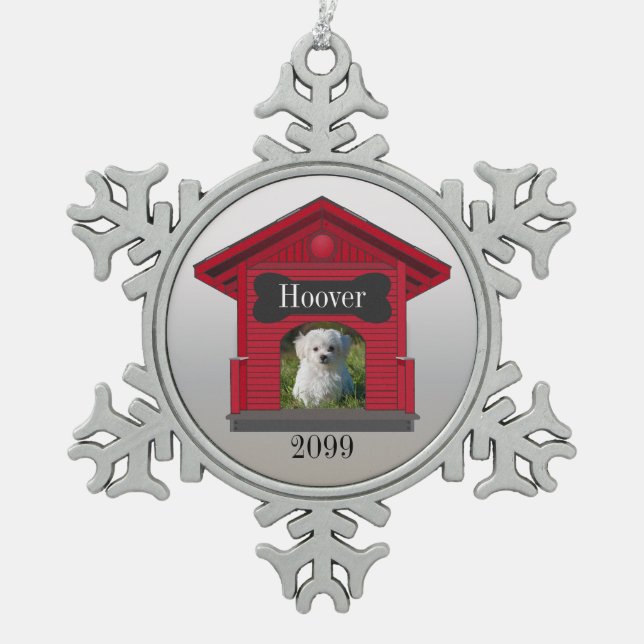 Dog Photo Upload Dog House w Bone Christmas Snowflake Pewter Christmas Ornament (Front)