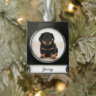 Dog Photo White Name Elegant Simple Christmas Silver Plated Banner Ornament