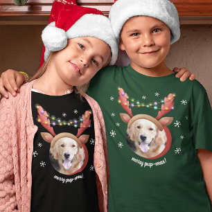 Dog Photo with Reindeer Antler Hat Merry Christmas T-Shirt