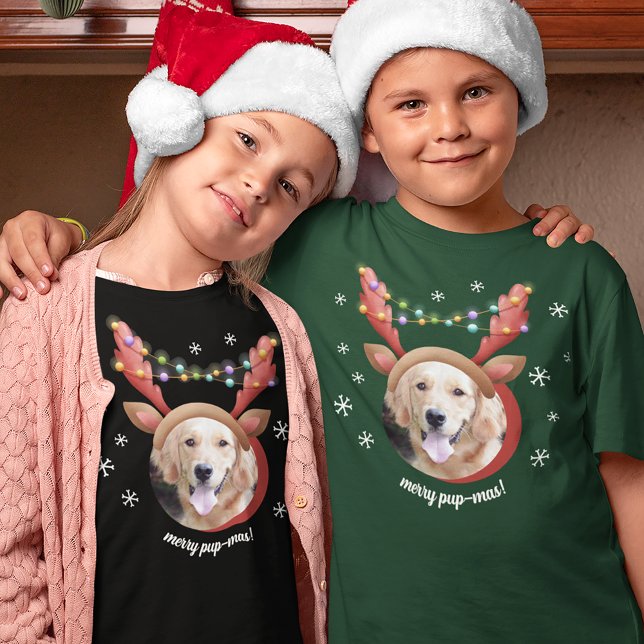 Dog Photo with Reindeer Antler Hat Merry Christmas T-Shirt (Creator Uploaded)