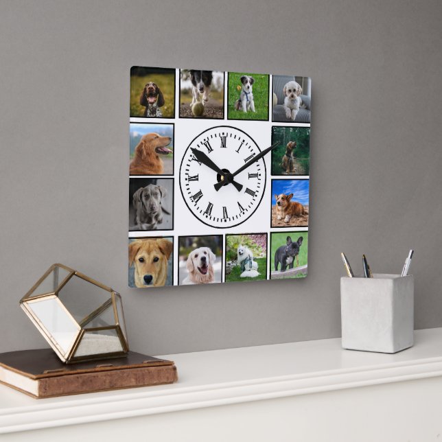 Dog Photos Collage on White Background Square Wall Clock (Office)