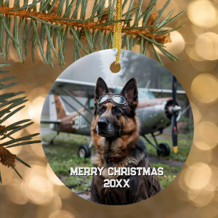 Dog Pilot Airplane Funny Aviation Photo Christmas Ceramic Tree Decoration
