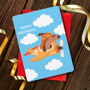 Dog Pilot Flying Aeroplane, Cute Fun Kids Birthday Holiday Card