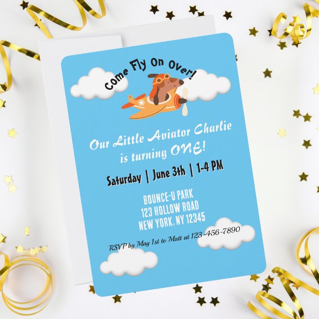 Dog Pilot Flying Aeroplane, Cute Fun Kids Birthday Invitation (Creator Uploaded)