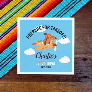 Dog Pilot Flying Aeroplane,Cute Kids Blue Birthday Napkin