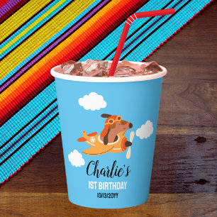 Dog Pilot Flying Aeroplane,Cute Kids Blue Birthday Paper Cups