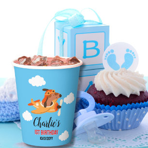 Dog Pilot Flying Aeroplane,Cute Kids Blue Birthday Paper Cups