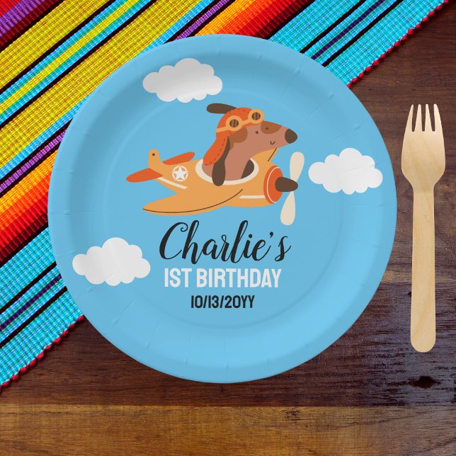 Dog Pilot Flying Aeroplane,Cute Kids Blue Birthday Paper Plate (Creator Uploaded)