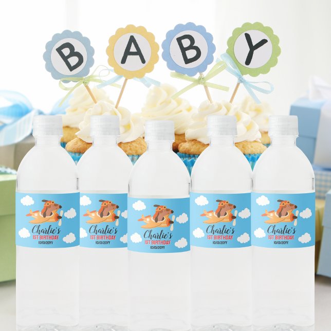 Dog Pilot Flying Aeroplane,Cute Kids Blue Birthday Water Bottle Label (Creator Uploaded)