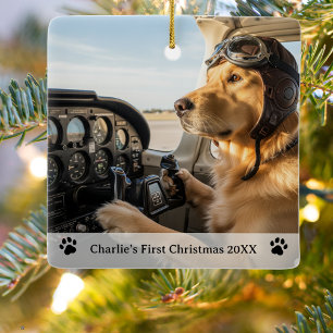 Dog Pilot Photo First Christmas Name Year Aviator Ceramic Ornament