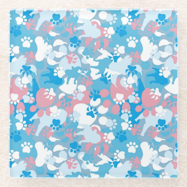 Dog Pink and Blue Camouflage Pattern Glass Coaster (Front)
