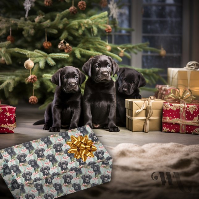 Dog Pink and Blue Holiday Black Lab Puppies Sm Wrapping Paper (Creator Uploaded)