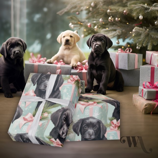 Dog Pink and Blue Holiday Black Lab Puppies Wrapping Paper (Creator Uploaded)