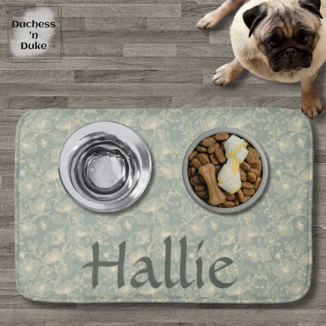 Dog Placemat - Sage Green Botanical, Personalised  Bath Mat (Personalized Sage Green Botanical Pet Placemat Bath Mat on wood floor with pet bowls)
