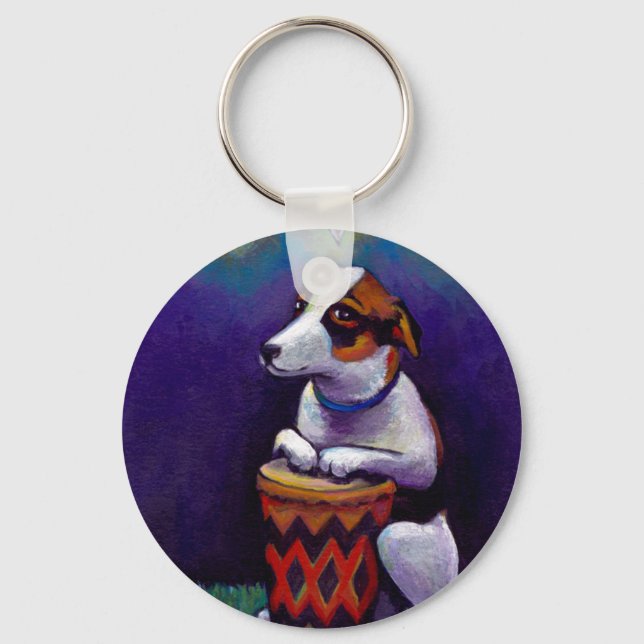 Dog playing bongo drum fun original drumming art key ring (Front)