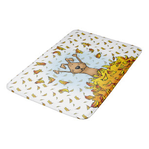 Dog Playing in a Pile of Fall Leaves - Cute Autumn Bath Mat