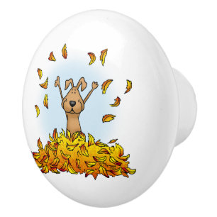 Dog Playing in a Pile of Fall Leaves - Cute Autumn Ceramic Knob