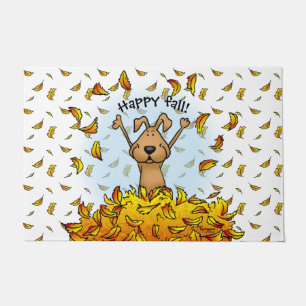 Dog Playing in a Pile of Fall Leaves - Cute Autumn Doormat