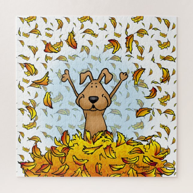 Dog Playing in a Pile of Fall Leaves - Fun Autumn Jigsaw Puzzle (Vertical)