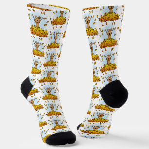 Dog Playing in a Pile of Fall Leaves - Fun Autumn Socks