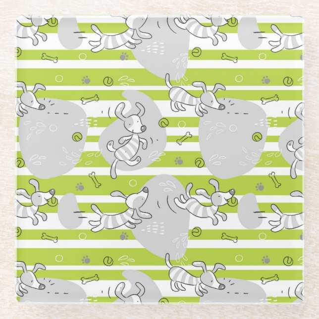 dog playing pattern background glass coaster (Front)