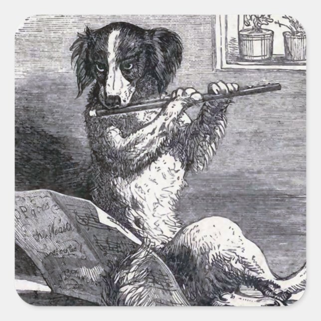 "Dog Playing the Flute" Vintage Illustration Square Sticker (Front)