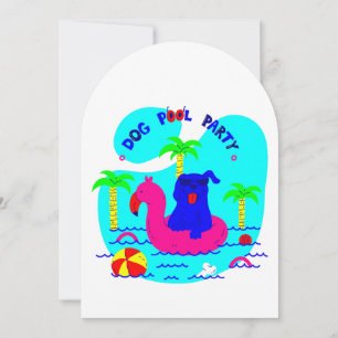 dog pool party palm trees flamingo summer fun invitation